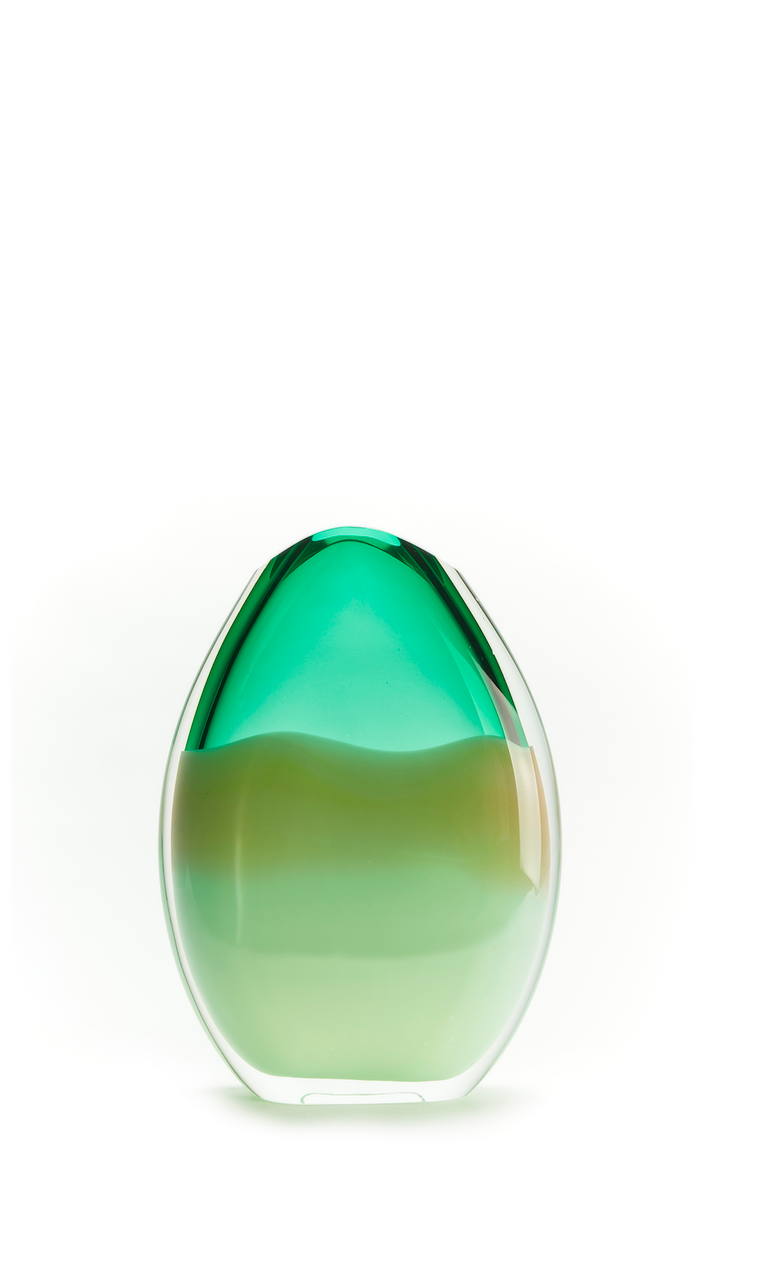 Tall darkgreen oval shaped handmade glass vase